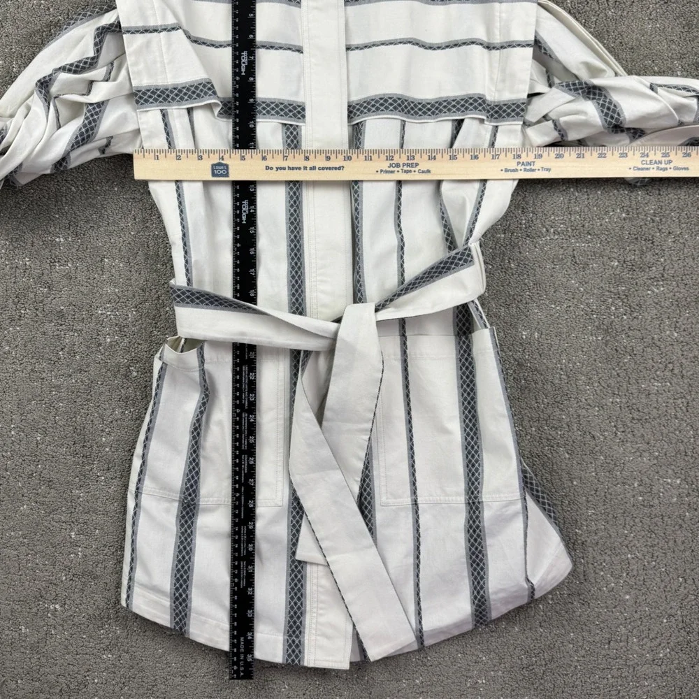 Acler Striped Mini Dress Womens US 4 Cream Grey Puff Sleeve Belted Chic